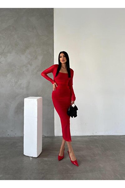 Elaxi Kadın Drapeli Sandy Astarlı Tül Uzun Elbise | Kare Yaka Uzun Kollu