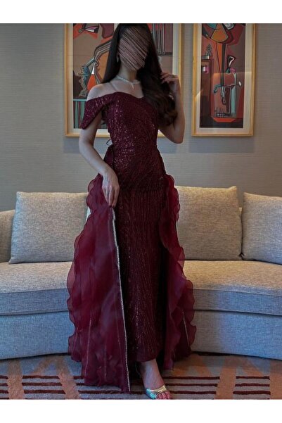 TOP BERLANTY فستان "سهرة ملكي" باللون البرغندي اللامع مع كشكش جانبي