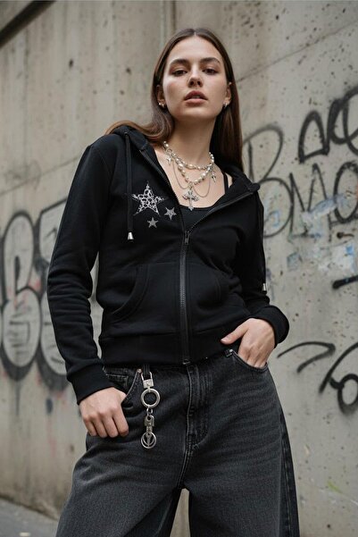 Karakedi Siyah Leopar Desenli Star Harajuku Y2K Kapüşonlu Crop Hırka