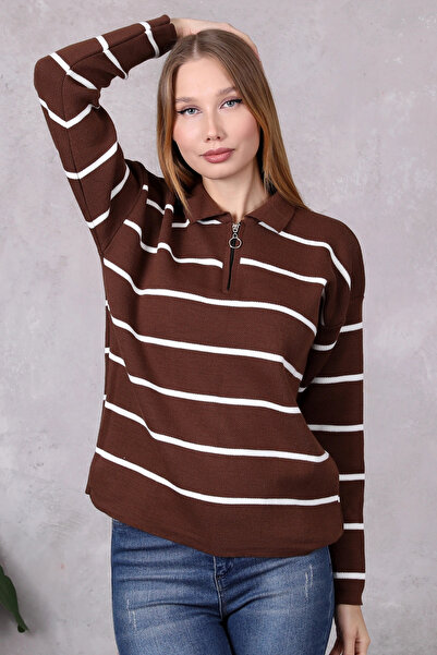 LUGMO Pulover de damă cu gât polo oversize, cu fermoar, cu dungi, maro
