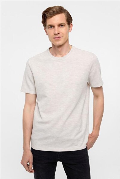 SÜVARİ Bej Regular Armürlü Bisiklet Yaka Tişört