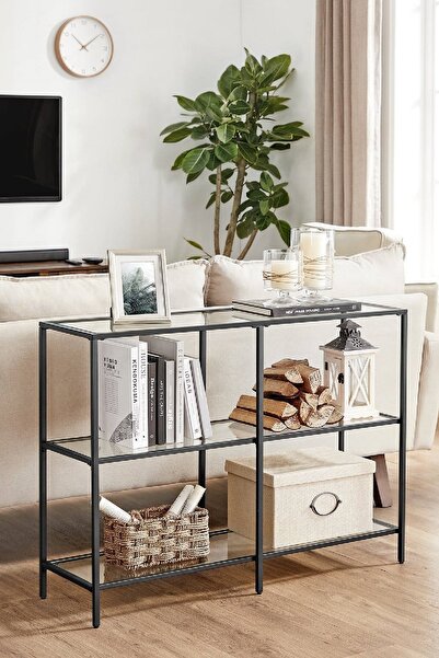 TOLIAHOME Modern 3 Katlı Siyah Renk Metal İskeletli Şeffaf Camlı Raf Dresuar Konsol