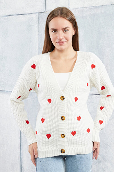 LUGMO Women's Knitwear Cardigan Heart Standard Size Ecru