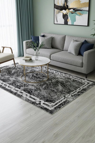 LUGMO Kilim Savan Çift Taraflı Modern Desenli Yıkanabilir 2x3 Metre Siyah-Beyaz