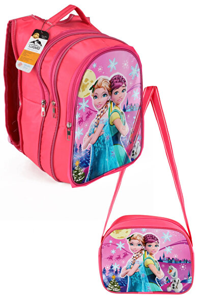 LUGMO Ortaokul İlkokul Çantası ve Beslenme Çantası 3 Cepli Pedli İkili Prenses Pembe