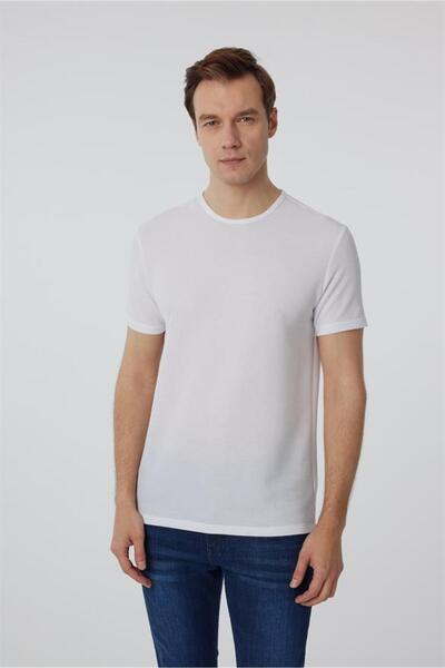 SÜVARİ Beyaz Slim Armürlü Bisiklet Yaka Tişört