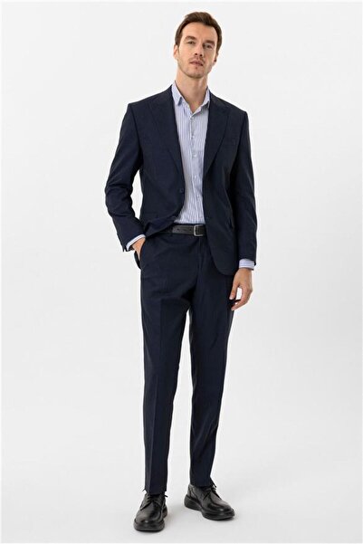 SÜVARİ Lacivert Regular Desenli Sivri Yaka 4 Drop Takım Elbise