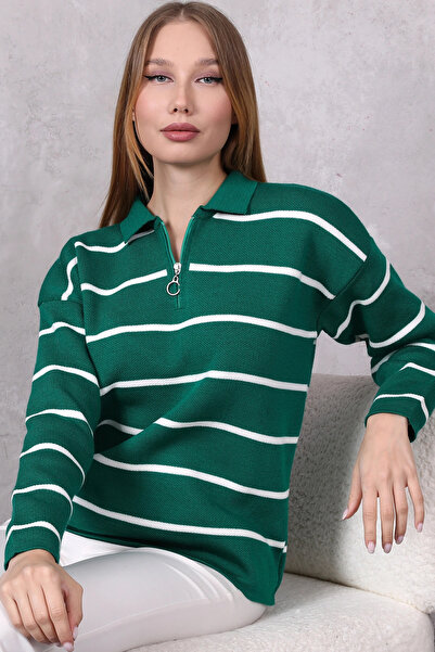 LUGMO Pulover de tricotaj polo cu dungi oversize verde - cu fermoar
