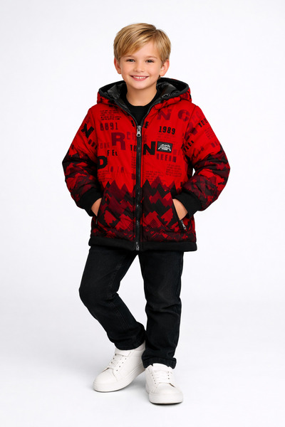 NANİCA Red Boy's Double-Sided Hooded Coat 1-5 Years Old