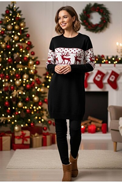 YusGos Kadın Yeni Yıl (Yılbaşı) Temalı Mini Triko Elbise Tunik