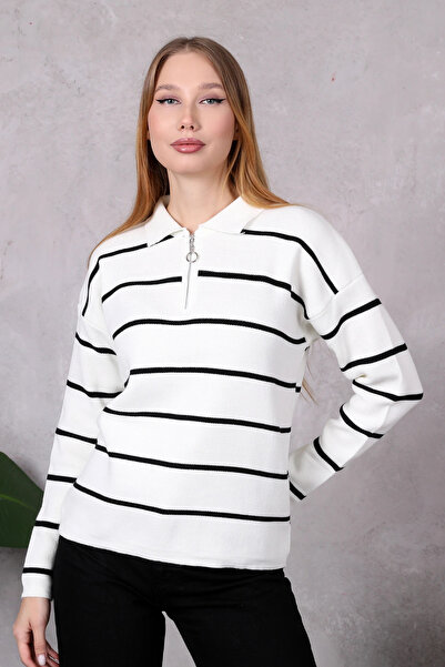 LUGMO سترة نسائية محبوكة ذات رقبة بولو كبيرة الحجم مخططة بسحاب إكرو