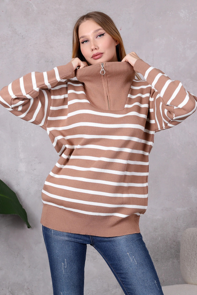LUGMO Pulover de damă cu dungi supradimensionate de culoare nurcă - Guler cam...