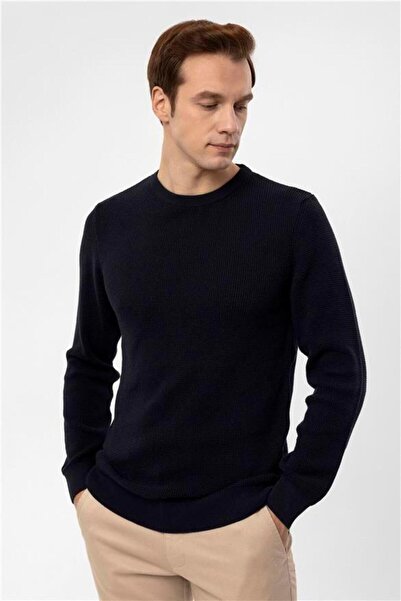 SÜVARİ Lacivert Regular Armürlü Bisiklet Yaka Triko