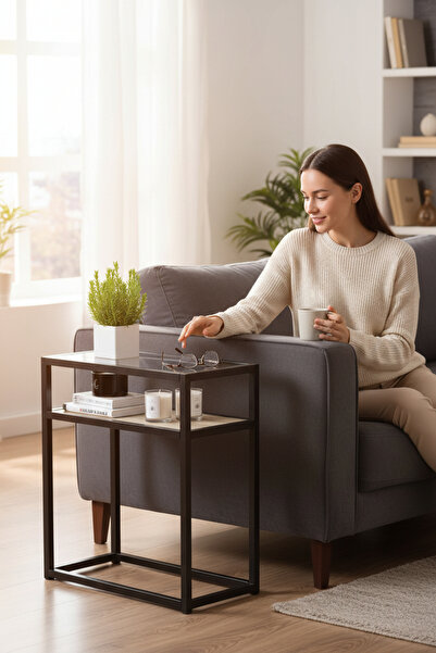 TOLIAHOME Metal İskeletli Endülüs-Siyah Şeffaf Temper Camlı 2 Katlı Yan Sehpa...