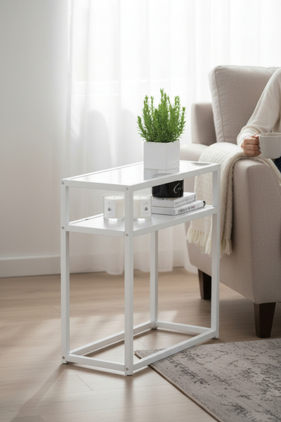 TOLIAHOME Metal İskeletli Beyaz Renk Şeffaf Temper Camlı 2 Katlı Yan Sehpa Ko...