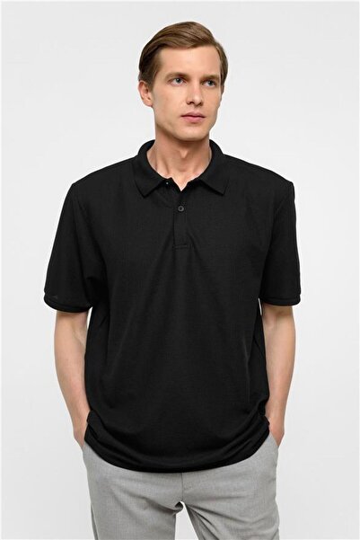 SÜVARİ Siyah Regular Armürlü Polo Yaka Tişört