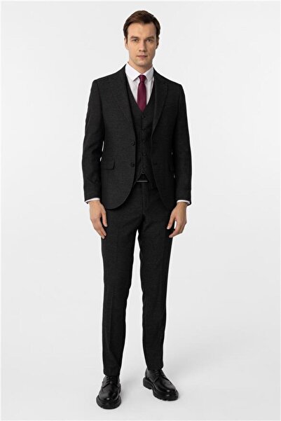 SÜVARİ Siyah Slim Desenli Sivri Yaka 6 Drop Yelekli Takım Elbise