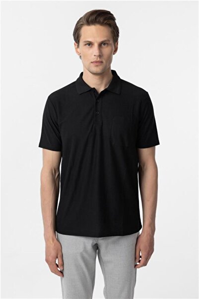 SÜVARİ Siyah Regular Armürlü Polo Yaka Tişört