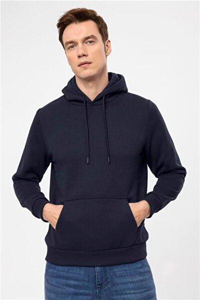 SÜVARİ Lacivert Regular Düz Kapüşonlu Yaka Sweatshirt