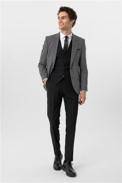 SÜVARİ Siyah Slim Desenli Sivri Yaka 6 Drop Yelekli Takım Elbise