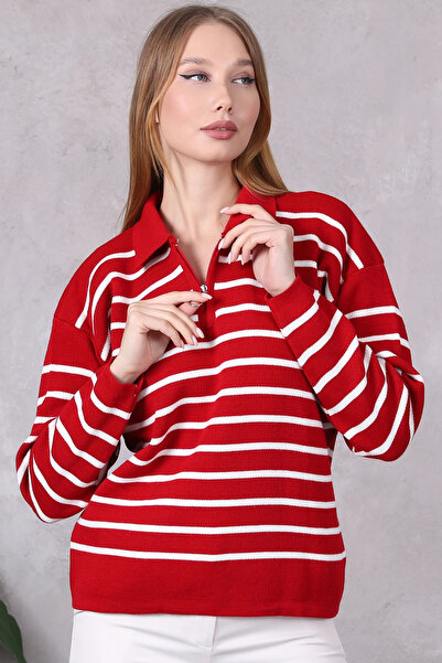 LUGMO سترة نسائية محبوكة ذات رقبة بولو كبيرة الحجم مخططة بسحاب باللون الأحمر