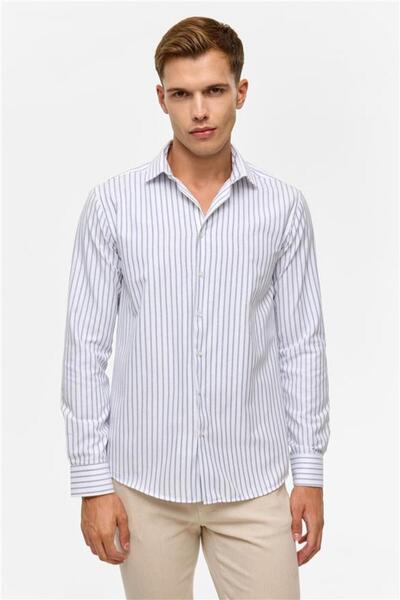 SÜVARİ Lacivert Slim Çizgili Klasik Yaka Gömlek