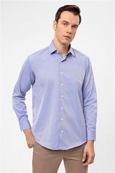 SÜVARİ Mavi Regular Armürlü Klasik Yaka Gömlek