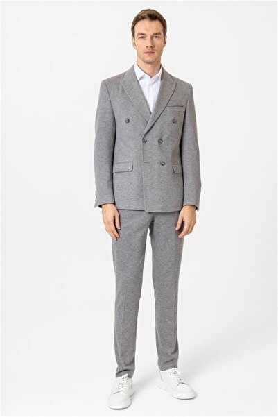 SÜVARİ Gri Slim Desenli Kruvaze Yaka 6 Drop Takım Elbise