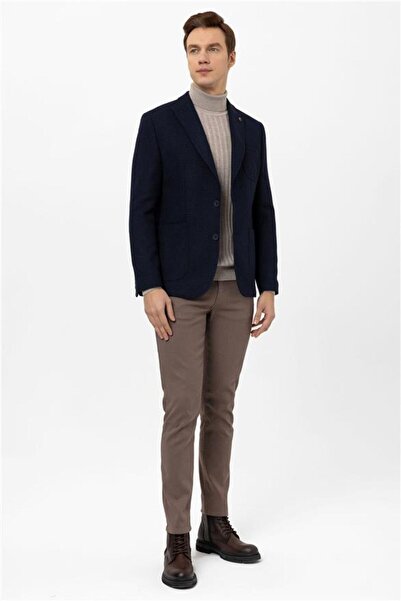 SÜVARİ Lacivert Slim Armürlü Sivri Yaka 6 Drop Ceket