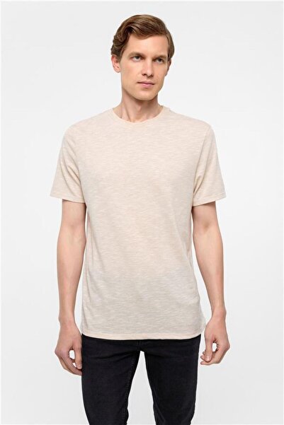 SÜVARİ Ekru Regular Armürlü Bisiklet Yaka Tişört