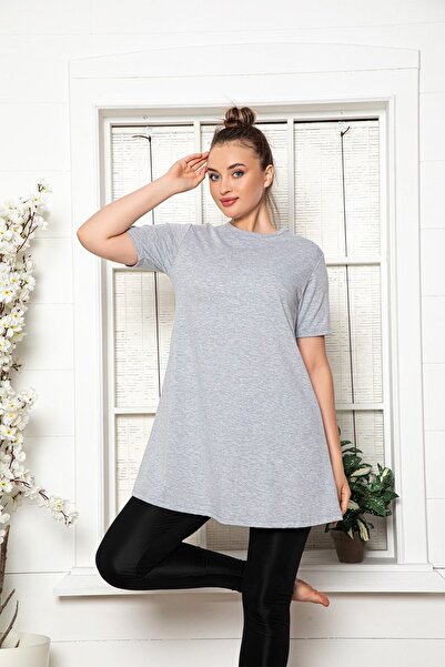 MyBen سترة نسائية رمادية بأكمام قصيرة من القطن وياقة دائرية، ملابس داخلية من القطن الممشط SLM08