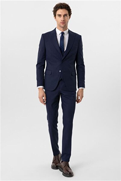 SÜVARİ Lacivert Slim Desenli Sivri Yaka 6 Drop Yelekli Takım Elbise