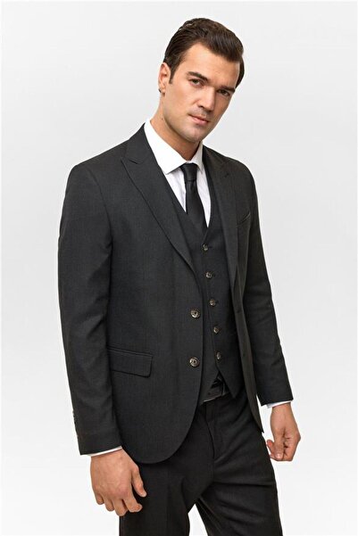 SÜVARİ Siyah Slim Desenli Sivri Yaka 6 Drop Yelekli Takım Elbise