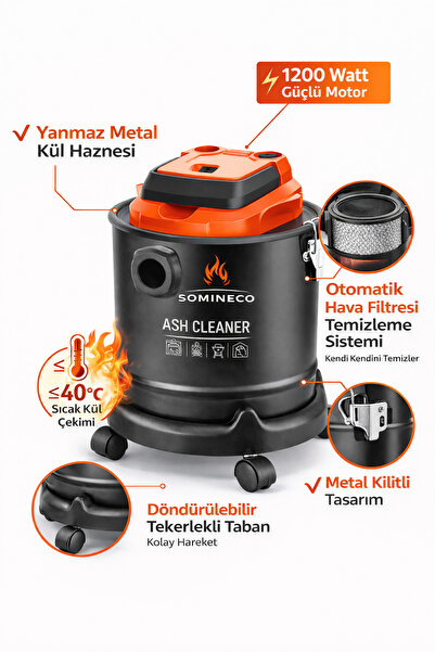 SOMINECO 1200W Çok Amaçlı Elektrikli Kül Süpürgesi 18 L Metal Hazne–Şömine & Soba & Mangal