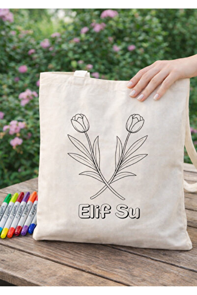 Cemira Kişiye Özel İsimli Boyama Çantası | Boyanabilir Bez Çanta (Lale Tasarım)