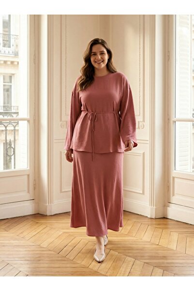 ALİA Bağlama Detaylı Etek&Bluz Büyük Beden İkili Takım - Koyu gul -