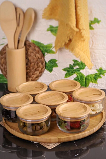 Bambum صينية دوارة مكونة من 7 قطع من الثنائي سعة 300 مل مع غطاء من السيليكون المصنوع من الخيزران وإفطار زجاجي مقاوم للتهوية