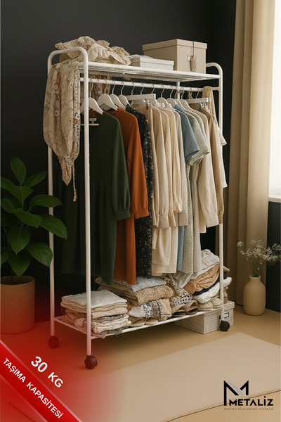 Metaliz Tekerlekli Elbise Askılığı Raflı Ve Taşınabilir Kıyafet Düzenleyici Stant Tekerli Beyaz