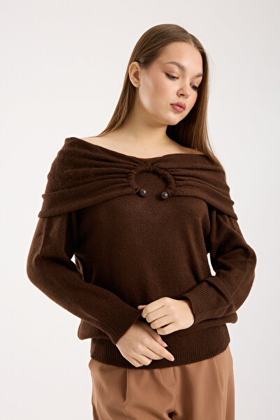 Moda Days سترة نسائية من الصوف المخملي بلون بني مرير مع إكسسوارات وياقة شال