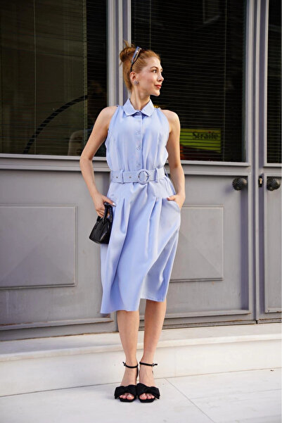 Zerenyus Blue Dress with Shirt Collar Belt