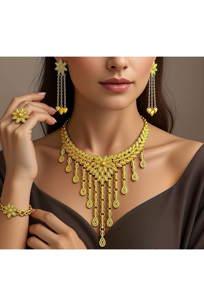 Jadem Gold Altın Kaplama 4 parça Şık Kadınlar için Buğday Yaprağı Püskül Kolye Uzun Küpe Bilezik Yüzük Seti