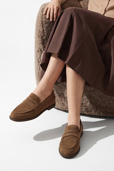 Marjin Kadın Loafer Düz Taban Makosen Günlük Ayakkabı Benif Taba Süet