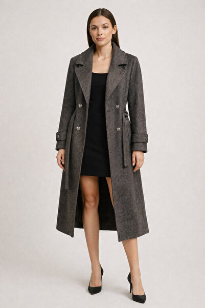 Ekol Kuşak Detaylı Kaşe Kaban 6061 Kahve