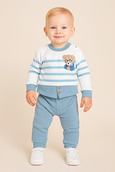 dinamik çocuk طقم بيبي بوي تيدي بير مطرز موسمي بأكمام طويلة ورقبة دائرية مخططة