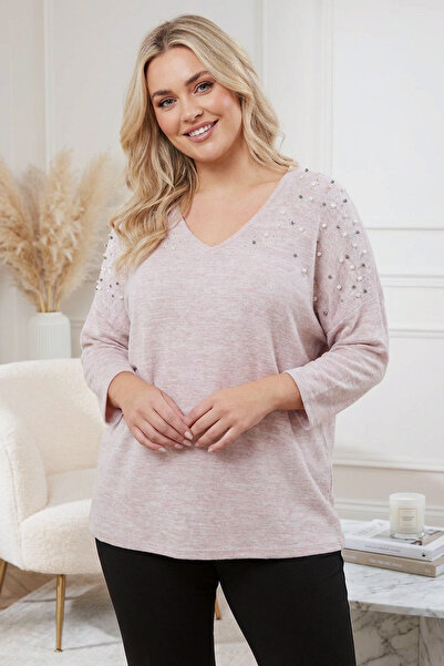 Stil Diva Büyük Beden V Yaka Uzun Kollu Boncuklu Peluş Sweatshirt 285055