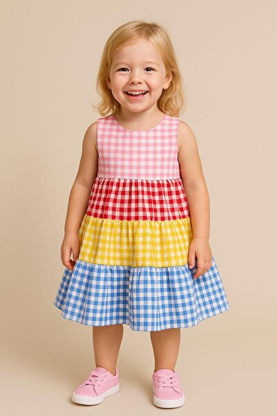 dinamik çocuk Girl's Colorful Gingham Plaid Sleeveless Dress Summer 2-3-4-5 y...