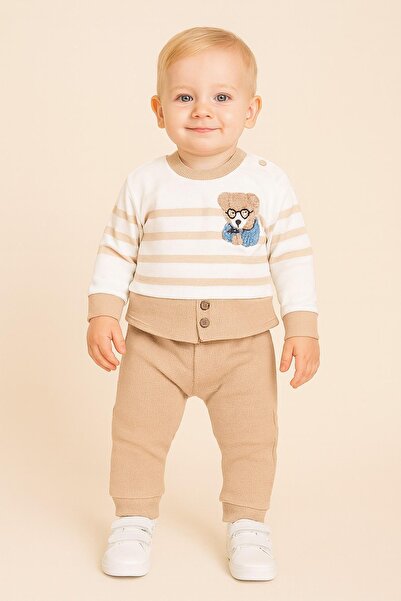 dinamik çocuk طقم بيبي بوي تيدي بير مطرز موسمي بأكمام طويلة ورقبة دائرية مخططة