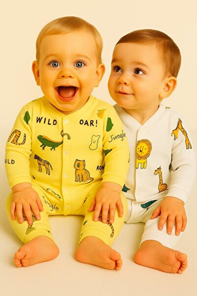 dinamik çocuk Bebek Tulum 2li Set-(2adet Tulum) Büyük Kalp Baskılı Çıtçıtlı T...