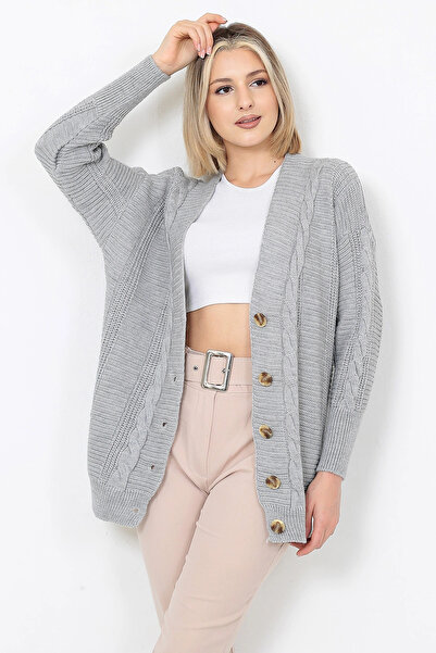 LUGMO سترة نسائية محبوكة 5 أزرار باللون الرمادي