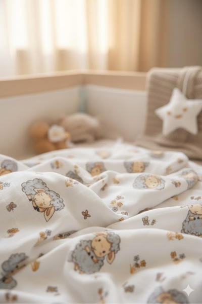 Caline Baby غطاء قماش موسلين نمط خروف - رمادي 120x120 سم + 4 مناديل مبللة للفم